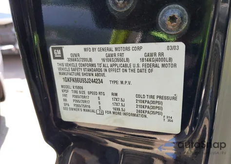 2003 GMC Yukon Xl 1500 Denali z USA, uszkodzony, nr VIN 1GKFK66U93J244234